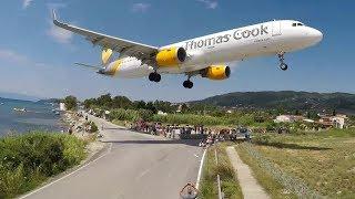 SKIATHOS - LOW LANDINGS + MAN USES JETBLAST for a KICKSTART on his MOPED