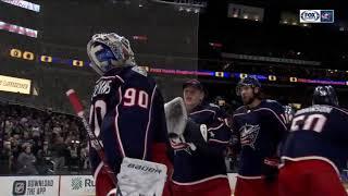 Elvis Merzlikins celebrates first NHL win | BLUE JACKETS VS. PANTHERS