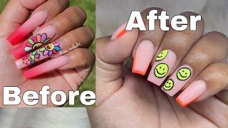 Cutting Down My Nails | How I Do My Own Acrylic Fill | Smiley Face Nail Art | Gel Paint