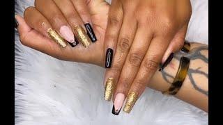 infill gel nails after 3 weeks | black and gold design | enailcouture nails