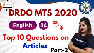 10:00 PM - DRDO MTS 2020 | English by Akanksha Ma'am | Top 10 Questions on Articles (Part-2)