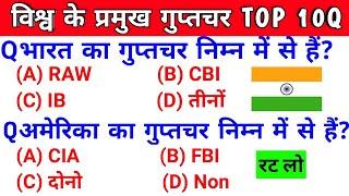 विश्व के प्रमुख गुप्तचर TOP 10 GK QUESTIONS/GROUP D/SSC MTS/SSC/...RESULTS WITH STUDY 