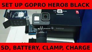 GoPro HERO 8 BLACK Tutorial: How To Get Started, install SD, set language Open clamp, Fit Battery,