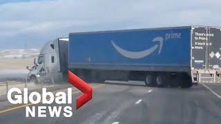 High winds blow Amazon delivery truck off the road in Colorado