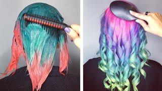 Hair Colors and Colorful Haircut Transformation - 10 Rainbow Hairstyle Colours Tutorials Ideas