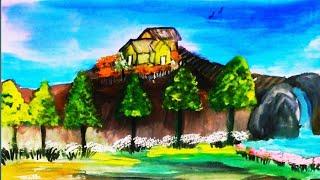 How to draw a modern Indian hilltop house and natural scenery with oil pastel easy step by step II