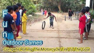 Compete Rollin The Motorcycle Tire To The Goal | Team Building Games | Fun Outdoor Games