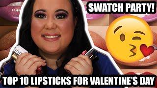 TOP 10 LIPSTICKS FOR VALENTINE'S DAY || Swatch Party || ayyyeeeitsamanda