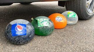 Experiment Car vs Pepsi, Mirinda, Fanta, Sprite | Crushing crunchy & soft things by car | Test Ex