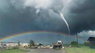 Unbelievable Tornado Footage with Rainbow & Blue Sky