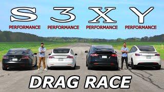 Tesla Model S vs 3 vs X vs Y - PERFORMANCE Models // DRAG & ROLL RACE