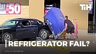 Guy Single-Handedly Loads Refrigerator on top of his Car's Sedan