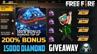 FREEFIRE NEW TOPUP EVENT || 200% TOPUP BONUS TRICK + 15000 DIAMONDS GIVEAWAY 