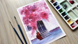 Watercolor painting for beginners beautiful flower tree and door | Paint with David