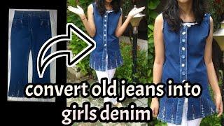 Convert Old Jeans Into Girls Denim top In 10 Min