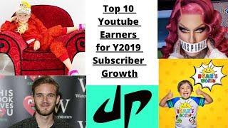 Top 10 Youtube Earners Subscriber Growth Y2019 