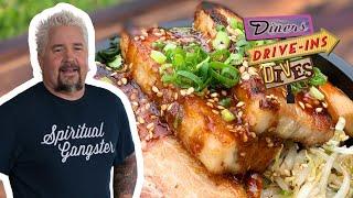 Guy Fieri Tries a Crispy Korean Pork Belly Bowl | Diners, Drive-Ins and Dives Takeout | Food Network