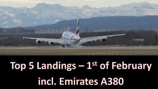 Top 5 landings - Morning rush - 1st February 2020 @ZRH Airport feat. A330, A340, A380, B777 (4K)