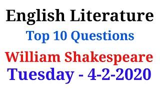 English Literature || William Shakespeare|| Top 10 Questions विलियम शेक्सपीयर 10 बेहतरीन प्रश्न।