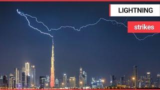 Photographer captures huge lightning bolt above Burj Khalifa | SWNS