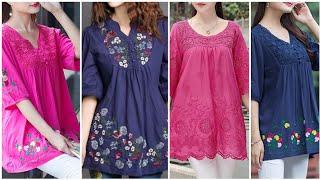 latest trendy and stylish hand embroidered cotton linen tunic TOP design collection for ladies 2020