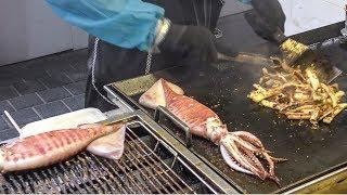 Top Korea Street Food, Seoul. Huge Grilled Squids and Roast Lobsters with Melted Cheese. Myeongdong