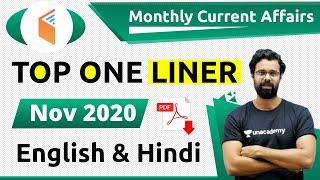 धमाकेदार Top One Liner Monthly Current Affairs 2020 | Current Affairs November 2020