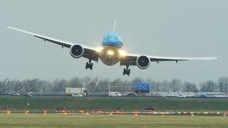 STORM CIARA - CROSSWIND LANDINGS at AMSTERDAM - BOEING 747, Airbus A380, + B777 HARD LANDING (4K)