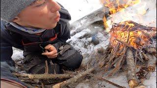 Building a Snow SURVIVAL SHELTER In The Woods (Day In The Woods #1)