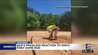 Dad's priceless reaction to son's first home run